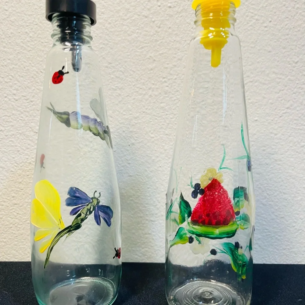 Hand-Painted Glass Cruet’s with Floral and Dragonfly Designs Oil and Vinegar